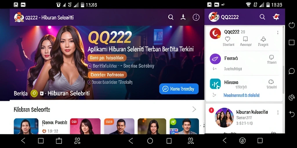 Antarmuka aplikasi QQ222 menampilkan berita dan hiburan selebriti terkini.